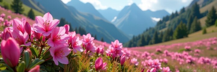 Fototapeta premium Pink alpine rhododendrons bloom vibrantly amidst Chamonix's mountain grasses , purple, rhododendron, green