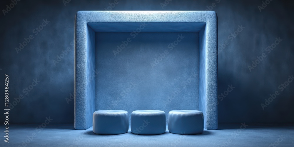Poster three stools are arranged neatly in front of a vibrant blue wall, creating a simple yet striking vis