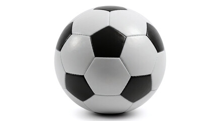 Fototapeta premium Classic black and white soccer ball on white background. Traditional football equipment close-up view. Standard sporting gear for team sport. Professional soccer match ball with hexagon pattern