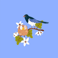Bird on a blossoming branch near a nest with eggs
