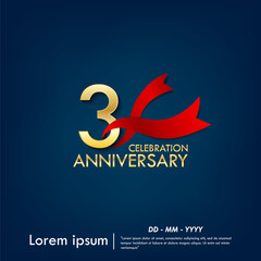 Fototapeta premium 3rd years anniversary celebration emblem. elegant golden anniversary logo isolated with red ribbon on dark blue background. vector illustration template design for web, flyers, poster, greeting card