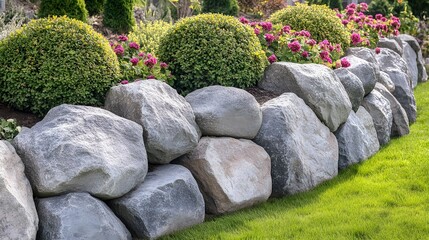 Stunning Rock Garden Wall with Lush Greenery and Pink Flowers