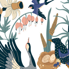 Avian  songbirds among blooming branches