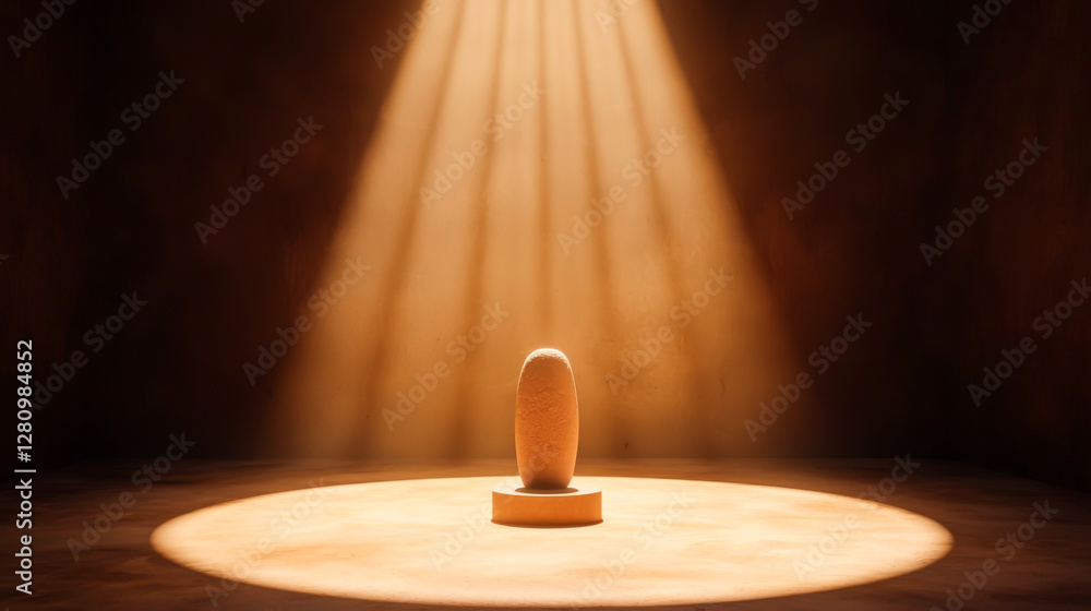 Poster a mesmerizing wooden object illuminated by soft beams of light in a dark space.
