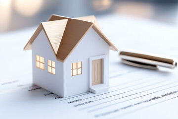 A miniature house model on a document, symbolizing real estate and homeownership.