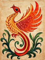 Red and Gold Stylized Phoenix Bird on Beige Background