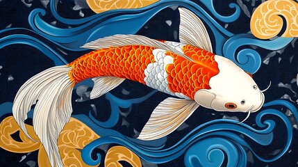 Red and White Koi Fish in Stylized Blue Water