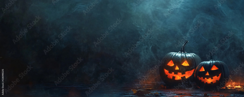 Aufkleber two illuminated jack-o'-lanterns create the perfect halloween backdrop for a banner