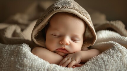 A baby peacefully sleeps with its hands under its head, wrapped in a towel.