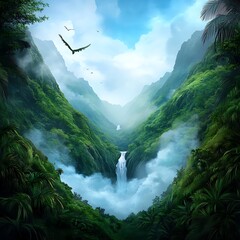 Serene Waterfall in Lush Green Mountain Valley
