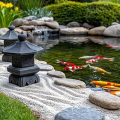 Serene Koi Pond with Stone Lanterns and Lush Greenery