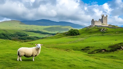 Sheep in Green Pasture near Ancient Stone Castle Ruins under Cloudy Sky