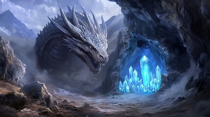 Silver Dragon and Glowing Blue Crystals in Mountain Cave