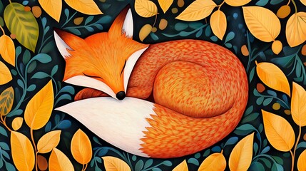 Sleeping Fox Amidst Autumn Leaves Digital Illustration