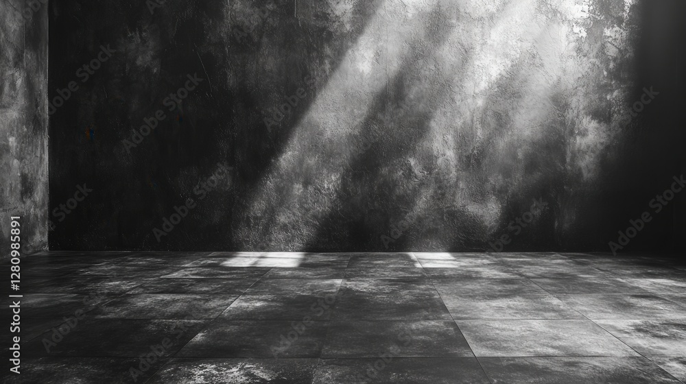 Poster empty dimly lit room with textured walls, sunlight streaming through, creating shadows