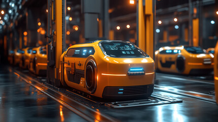 futuristic warehouse with automated robots sorting packages efficiently. scene is illuminated with warm lighting, highlighting sleek design of robots and advanced technology in use
