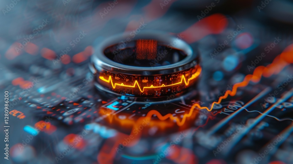 Poster A close up view of a ring placed on a digital screen displaying colorful data patterns and heart rate visuals, reflecting the connection between technology and mental wellness.