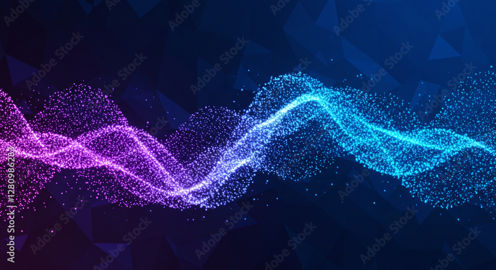 Poster glowing blue and purple wave particles on dark background. abstract digital flowing motion. dynamic 