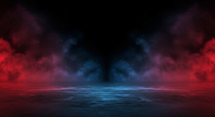 Mysterious dark background with red and blue neon fog reflection on wet floor. Empty night scene with glowing smoke and light. Modern futuristic backdrop for banner design with copy space