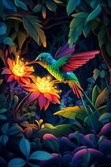 Fototapeta premium Colorful Hummingbird Interacting with Vibrant Flowers in Nature