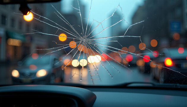 Cracked windshield with blurred city lights at night