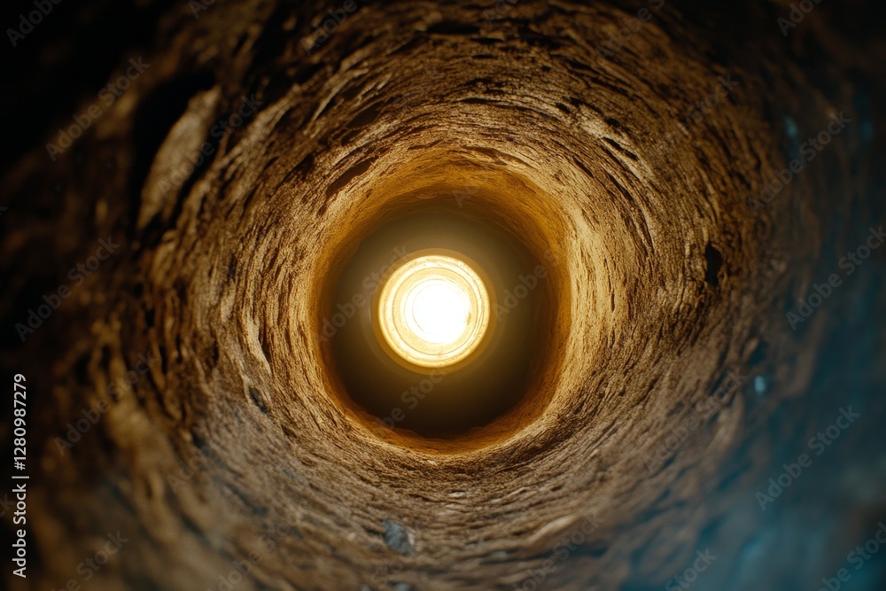 Poster Exploring an enigmatic light at the end of a dark tunnel mythical location cinematic imagery mysterious environment perspective concept