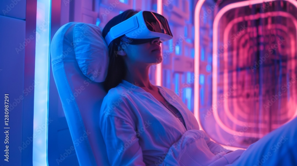 Aufkleber a person engaged in a digital therapy session using a virtual reality headset in a calming, colorful