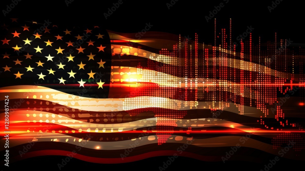 Poster dynamic financial chart overlaying american flag vector art on dark gradient background