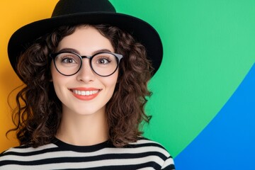 Happy female hipster leaning on colorful wall