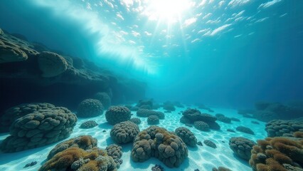 Obraz premium Underwater view of coral reef affected by bleaching in clear shallow water 