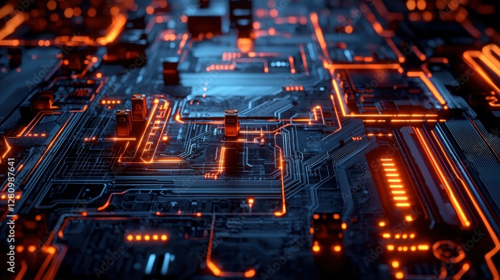 Poster a high-tech background featuring futuristic circuit boards and glowing pathways, representing digita