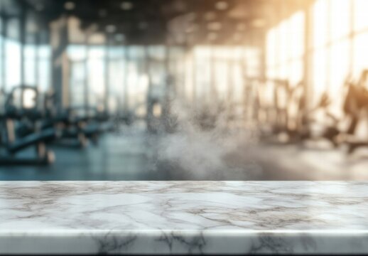 A blurry image of a gym with a foggy mist in the background