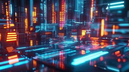 Futuristic city, glowing neon, digital structures.