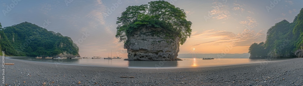Poster a beautiful view of a beach with a small tree in the middle