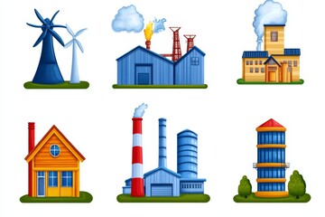 Factory industry manufactory power electricity buildings flat icons set isolated Urban factory plant landscape vector illustration