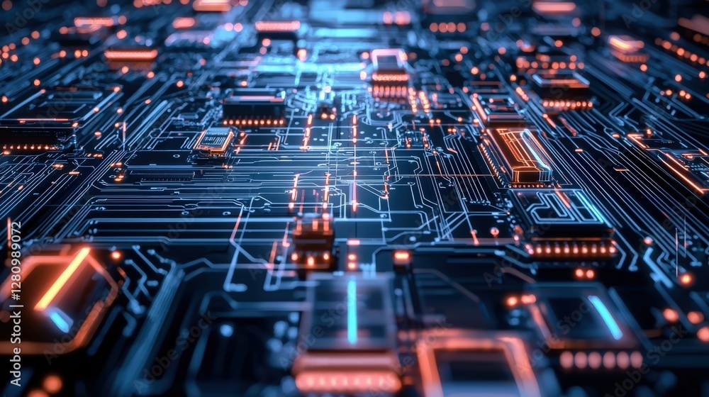 Poster high-tech background showcasing futuristic circuit boards with glowing micro-components, symbolizing