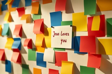 A wall filled with numerous Post-it notes, but one stands out with the message "Jesus loves you," symbolizing faith and divine love.

