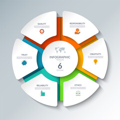 Infographic circular diagram with 6 options. Round chart that can be used for business presentations, educational resources, marketing materials, visualizing data, simplifying complex information.