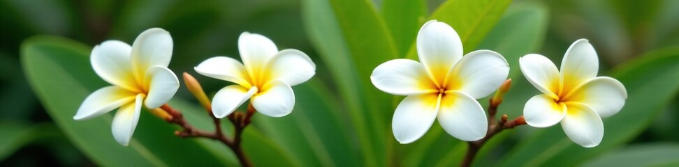 Obraz premium Asymmetrical white frangipani plumeria flowers in garden, nature, frangipani