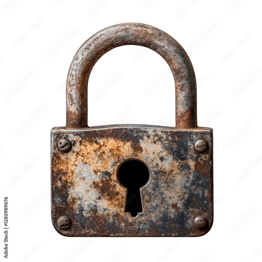Poster rusty padlock and key isolated on transparent background