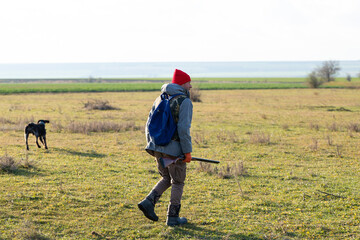 Mature hunter man holding a shotgun and walking through a field
