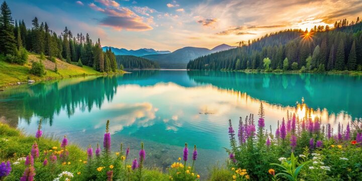 Serene waters of turquoise lake at dawn surrounded by lush greenery and vibrant wildflowers, nature, peaceful atmosphere