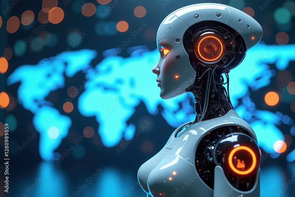 Poster a futuristic female robot with advanced features and an illuminated face, set against a digital worl