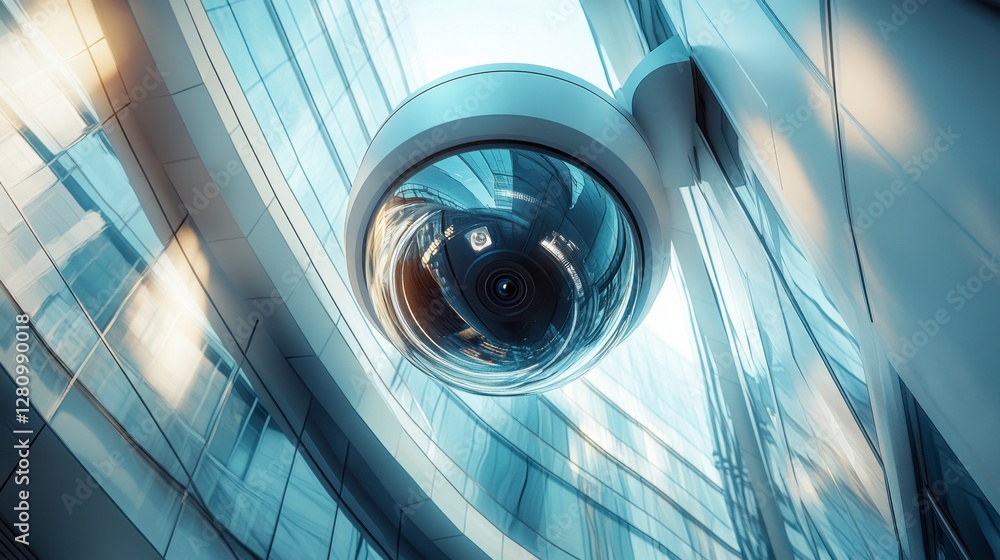 Poster a futuristic security camera hangs in a modern architectural space, reflecting light and surrounding