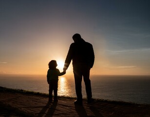 una silueta de un ni&ntilde;o de la mano del padre, concepto del d&iacute;a del padre, con espacio para texto