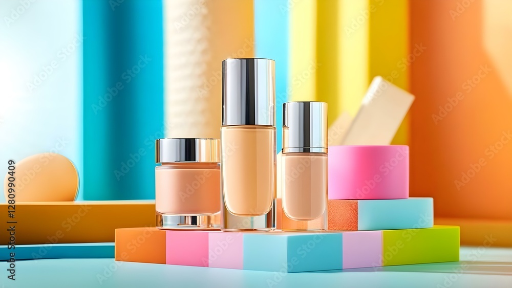 Poster a collection of cosmetic bottles displayed on colorful blocks against a bright backdrop, featuring v