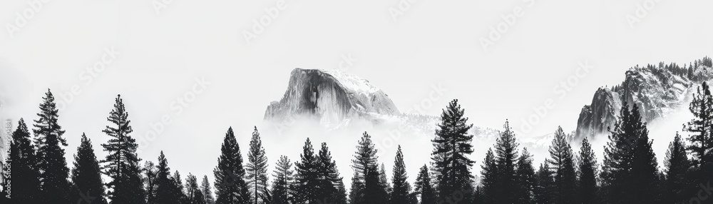 Poster a mountain range with a snow covered peak and a forest of trees