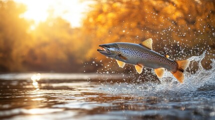 Fototapeta premium Autumn Trout Jump in Sparkling River