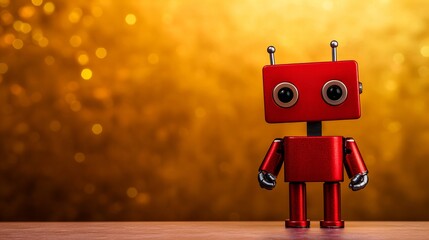 A cute red robot toy stands on a table against a warm, bokeh background.