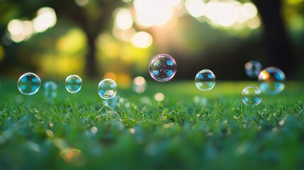 Floating bubbles hovering over green grass in sunlit garden